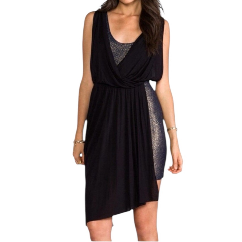 Free People Metallic Navy Blue Mini Dress With  Asymmetrical Drape Size XS